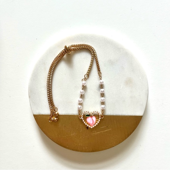 Gold Tone Costume Jewelry Bracelet with Heart, Peach, and Pearls - Picture 2 of 5